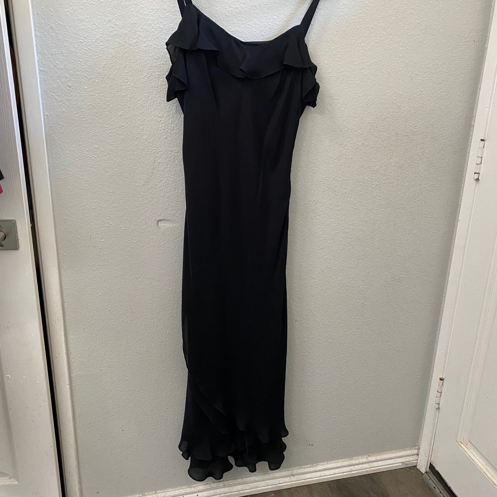 Lauren Ralph Lauren Black 100% Silk Ruffle Midi Dress Large Scoop Neck Formal